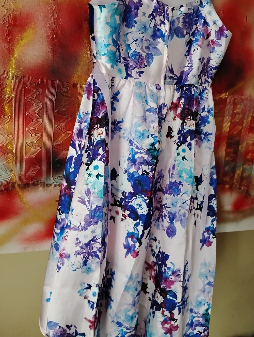 Emily Rose White Floral High-Low Dress with Purple and Blue Blooms - Picture 3 of 10